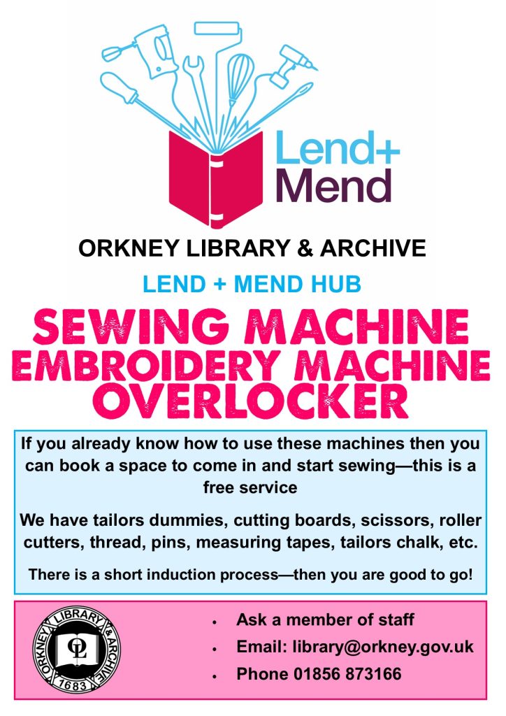 A poster advertising the sewing machines, embroidery machine and overlocker in the Lend and Mend hub