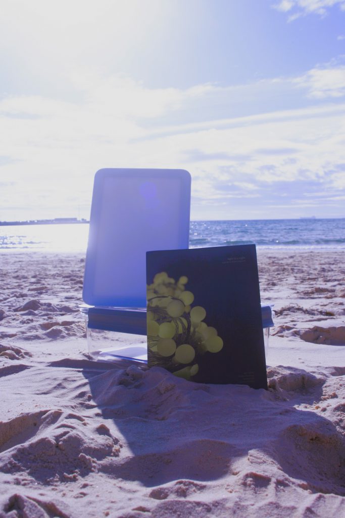 A SAD lamp and booklet on the beach